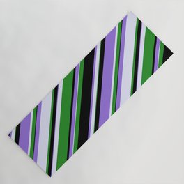 [ Thumbnail: Purple, Lavender, Forest Green & Black Colored Stripes Pattern Yoga Mat ]