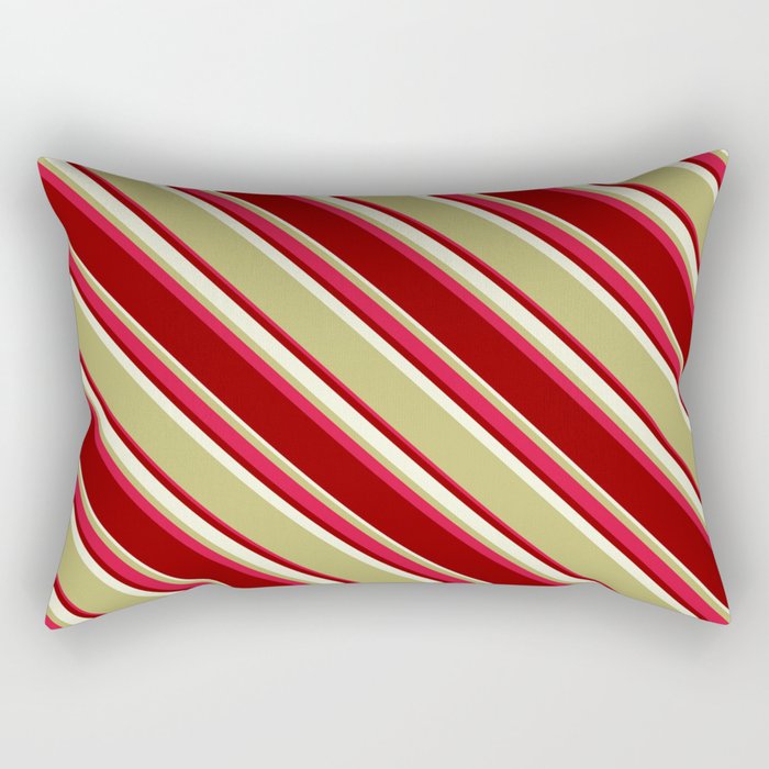 Dark Khaki, Crimson, Dark Red & Beige Colored Pattern of Stripes Rectangular Pillow