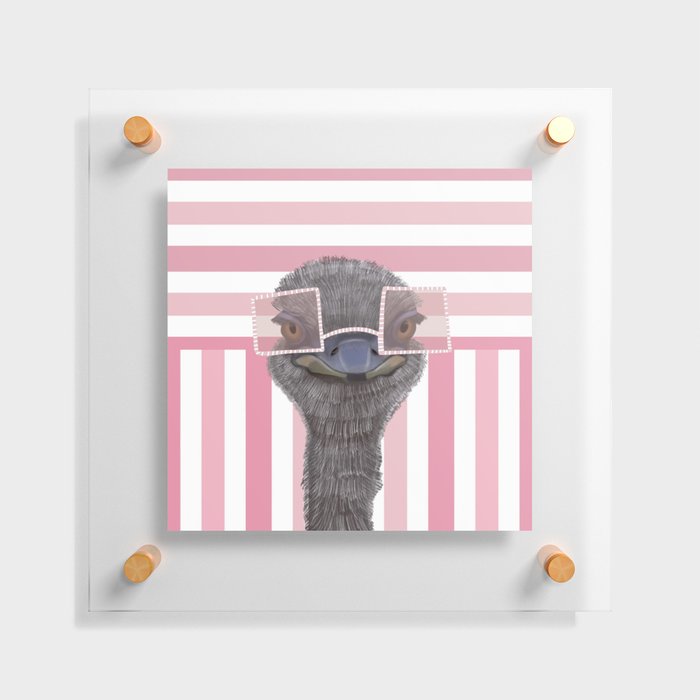 Funny Ostrich with Pink Glasses on Stripe Pattern Floating Acrylic Print