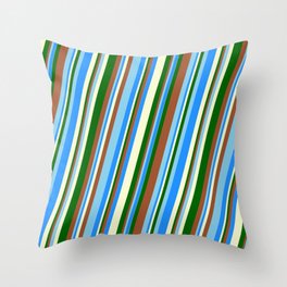 [ Thumbnail: Vibrant Sienna, Sky Blue, Blue, Light Yellow, and Dark Green Colored Striped Pattern Throw Pillow ]