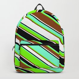 [ Thumbnail: Aquamarine, Chartreuse, Brown, White, and Black Colored Striped/Lined Pattern Backpack ]