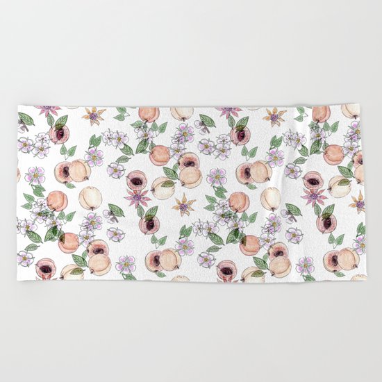 Watercolor pattern with apricots and flowers Beach Towel