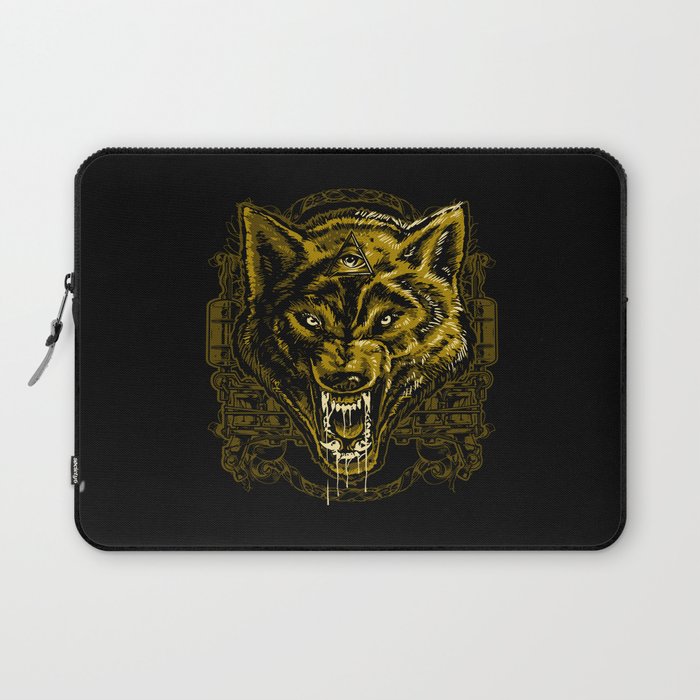 Wild Angry Wolf Tattoo Illustration Laptop Sleeve