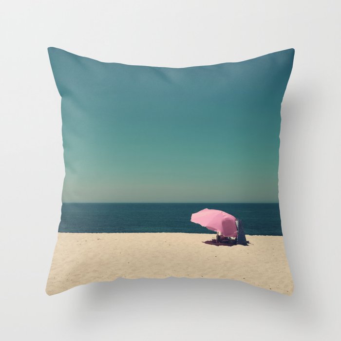 Beach print - Minimal Landscape - Pink Umbrella - Ocean - Sea - Travel photography Throw Pillow