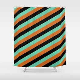 [ Thumbnail: Black, Aquamarine, and Chocolate Colored Pattern of Stripes Shower Curtain ]