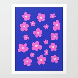 Hot Pink Retro Flowers on Blue Background Art Print