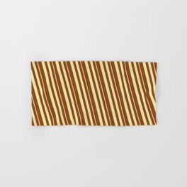 [ Thumbnail: Pale Goldenrod & Brown Colored Striped/Lined Pattern Hand & Bath Towel ]