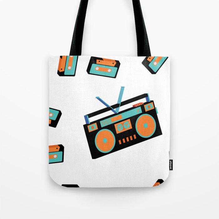 Texture seamless pattern from old vintage retro hipstersih stylish isometric music audio tape recorder. Listen to audio cassettes from the 70's, 80's, 90's. The background. Vintage illustration.  Tote Bag