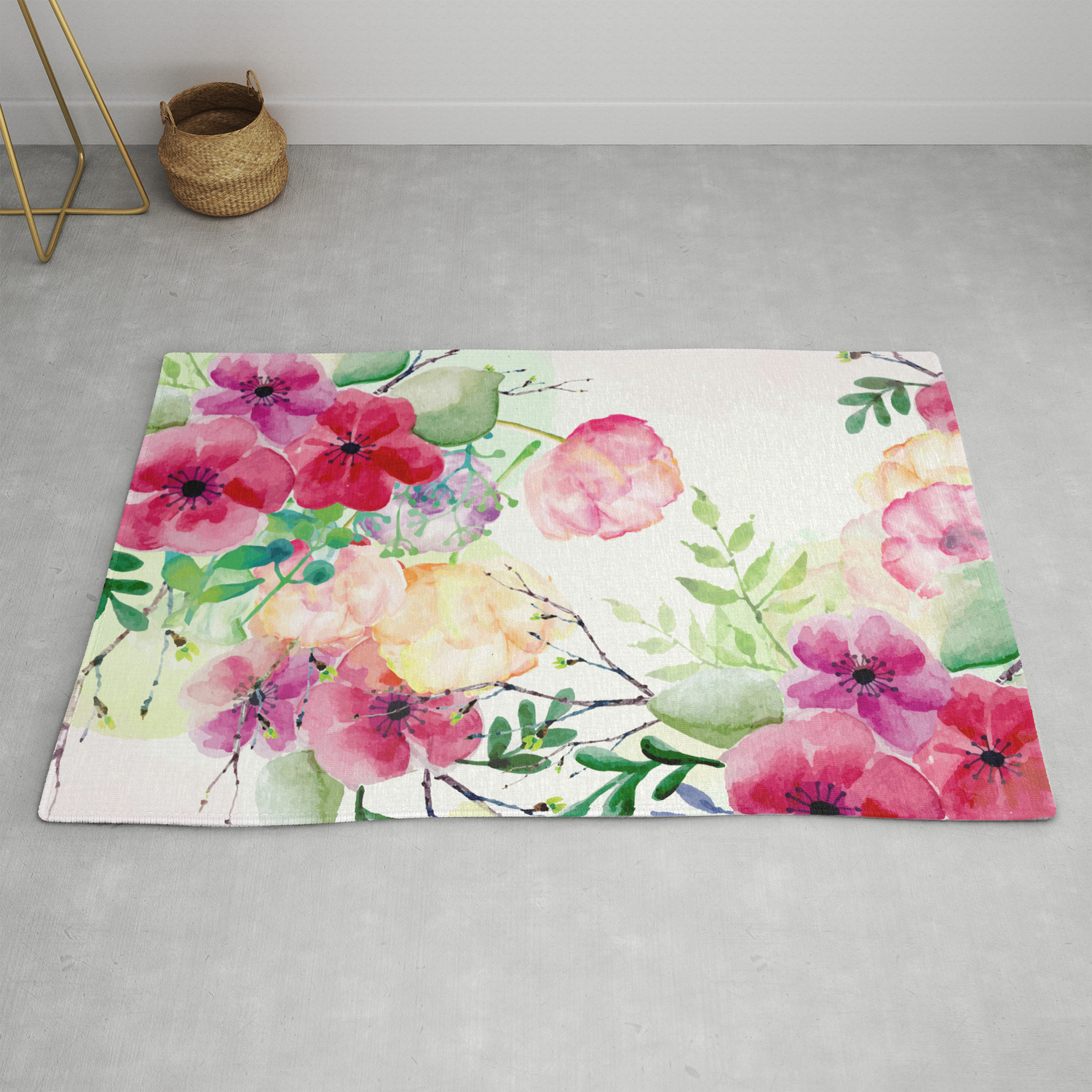Vintage Flowers Watercolor Floral Painting Rug By Cadinera