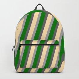 [ Thumbnail: Dim Grey, Beige, Dark Gray, and Green Colored Lines/Stripes Pattern Backpack ]