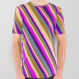 [ Thumbnail: Eye-catching Dark Goldenrod, Tan, Fuchsia, Indigo, and Light Slate Gray Colored Striped Pattern All Over Graphic Tee ]