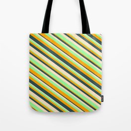 [ Thumbnail: Orange, Dark Slate Gray, Bisque, and Green Colored Lined/Striped Pattern Tote Bag ]