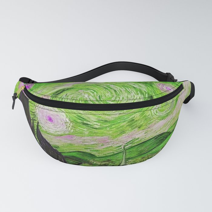 The Starry Night - La Nuit étoilée oil-on-canvas post-impressionist landscape masterpiece painting in alternate light green and fuchsia purple by Vincent van Gogh Fanny Pack