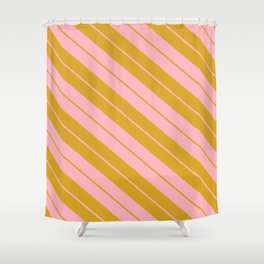 [ Thumbnail: Light Pink and Goldenrod Colored Lines Pattern Shower Curtain ]