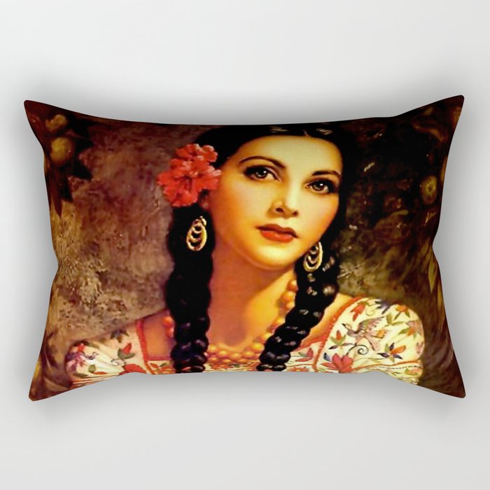 Jesus Helguera Painting Of A Mexican Calendar Girl With Braids Rectangular Pillow