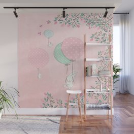 Cute flying Bunny with Balloon and Flower Rabbit Animal on pink floral background Wall Mural