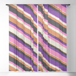 [ Thumbnail: Colorful Indigo, Hot Pink, Beige, Chocolate & Black Colored Lined Pattern Sheer Curtain ]