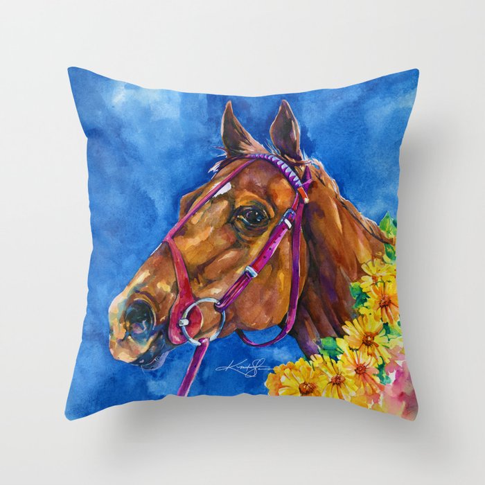 Secretariat Painting Large Race Horse Watercolor Art Throw Pillow
