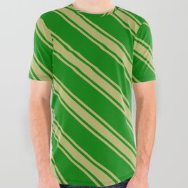 [ Thumbnail: Green & Dark Khaki Colored Lines Pattern All Over Graphic Tee ]