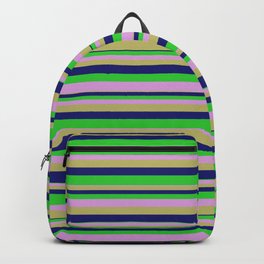 [ Thumbnail: Plum, Dark Khaki, Midnight Blue, and Lime Green Colored Lines/Stripes Pattern Backpack ]