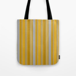 [ Thumbnail: Dark Gray, Dark Goldenrod, and Goldenrod Colored Pattern of Stripes Tote Bag ]