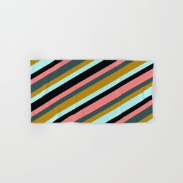 [ Thumbnail: Light Coral, Dark Slate Gray, Dark Goldenrod, Turquoise & Black Colored Lined/Striped Pattern Hand & Bath Towel ]