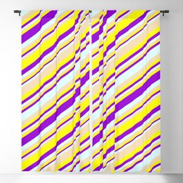 [ Thumbnail: Tan, Yellow, Dark Violet & Light Cyan Colored Striped Pattern Blackout Curtain ]