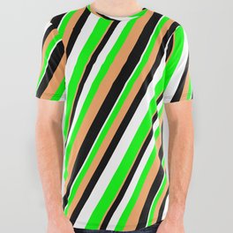 [ Thumbnail: Brown, Black, White & Lime Colored Lined/Striped Pattern All Over Graphic Tee ]