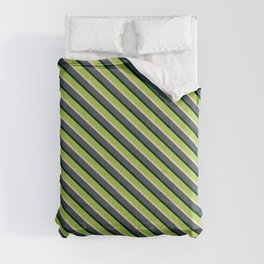 [ Thumbnail: Green, Pink, Dark Slate Gray, and Black Colored Lined Pattern Comforter ]