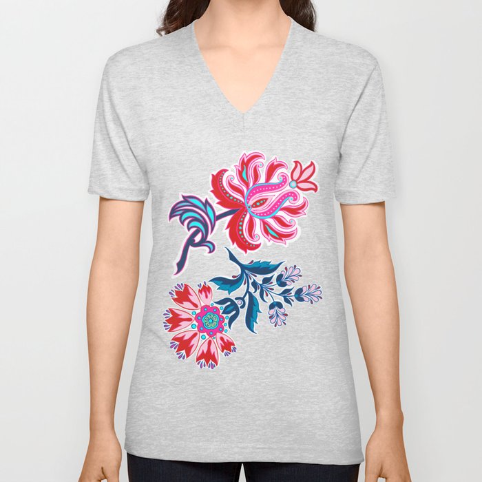 Bohemian Floral Paisley in Turquoise, Red and Pink V Neck T Shirt