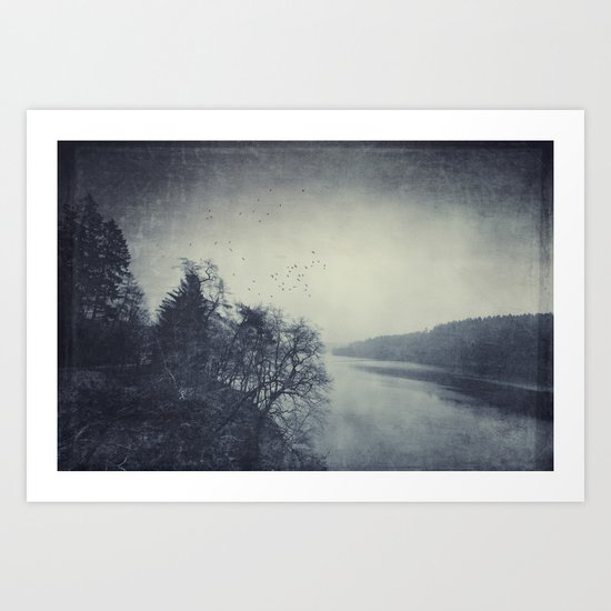 a murder of crows over a cold lake Art Print