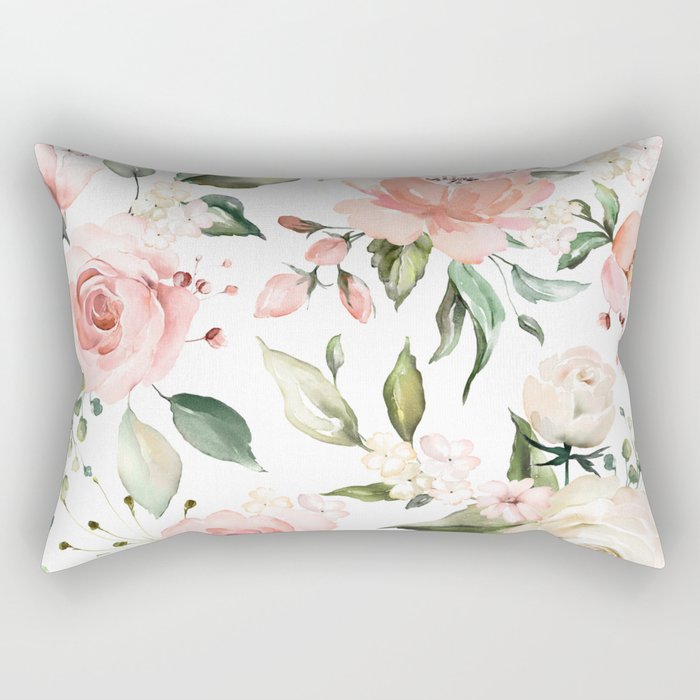 Watercolor Pink Peonies, Pink and White Roses and Greenery Rectangular Pillow