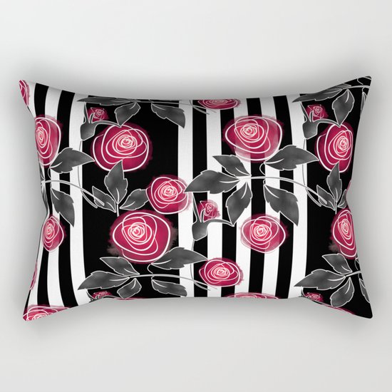 Red roses on black and white striped background. Rectangular Pillow