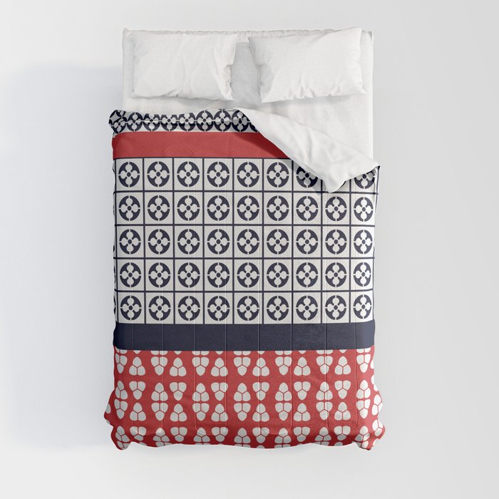 Japanese Style Ethnic Quilt Blue and Red Comforter