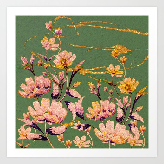 glittering pink flowers on green Art Print