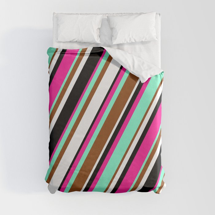 Vibrant Deep Pink, Aquamarine, Brown, White, and Black Colored Striped Pattern Duvet Cover
