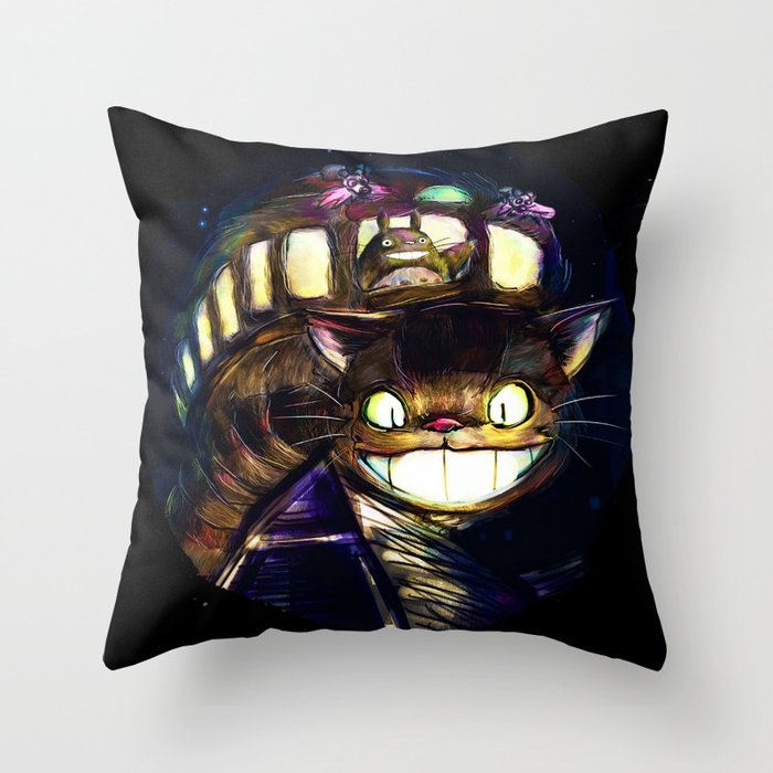 Cat Bus is In Your Town! Miyazaki Tribute Digital Fan Painting Throw Pillow