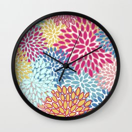 Festive, Floral Prints, Pink, Blue, Teal, Yellow Wall Clock