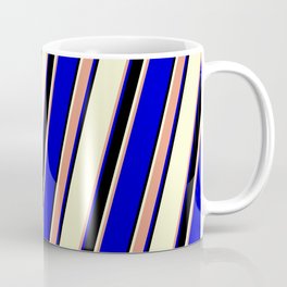 [ Thumbnail: Light Yellow, Dark Salmon, Blue, and Black Colored Striped/Lined Pattern Coffee Mug ]