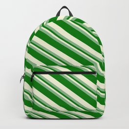 [ Thumbnail: Dark Sea Green, Green & Beige Colored Stripes/Lines Pattern Backpack ]