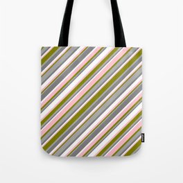 [ Thumbnail: Eye-catching Green, Dark Grey, Gray, White & Pink Colored Pattern of Stripes Tote Bag ]