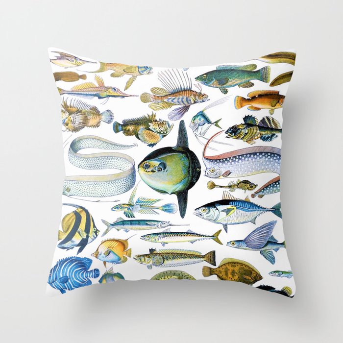Adolphe Millot "Fishes" 1. Throw Pillow