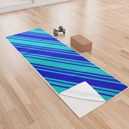 [ Thumbnail: Blue & Dark Turquoise Colored Stripes/Lines Pattern Yoga Towel ]