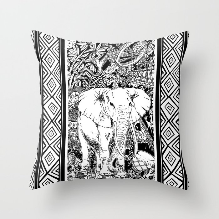 White Elephant Indian Ink Tribal Art Throw Pillow