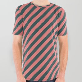 [ Thumbnail: Dark Slate Gray & Light Coral Colored Striped Pattern All Over Graphic Tee ]