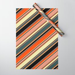 [ Thumbnail: Vibrant Dark Salmon, Dark Slate Gray, Red, Pale Goldenrod, and Black Colored Lines/Stripes Pattern Wrapping Paper ]