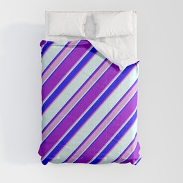 [ Thumbnail: Dark Violet, Plum, Light Cyan & Blue Colored Lined/Striped Pattern Comforter ]