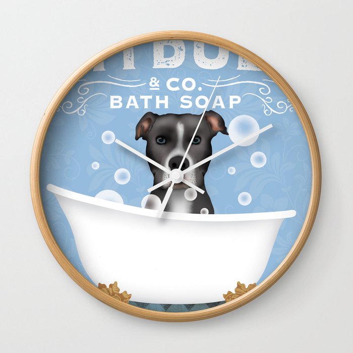 pitbull pit bull pitty dog bath art clawfoot tub, bubbles soap wash your paws decor Wall Clock