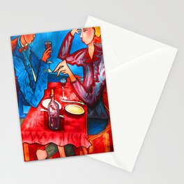 Two friends drinking wine and having dinner Stationery Cards