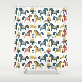 Pattern with horses inspired by scandinavian art. Scandinavian dala horse. Scandinavian flowers and traditional dala horses. Folk art pattern with colorful horses and haystack.  Shower Curtain